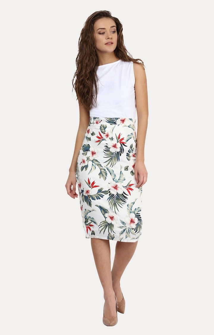 Women's White Floral Straight Skirt