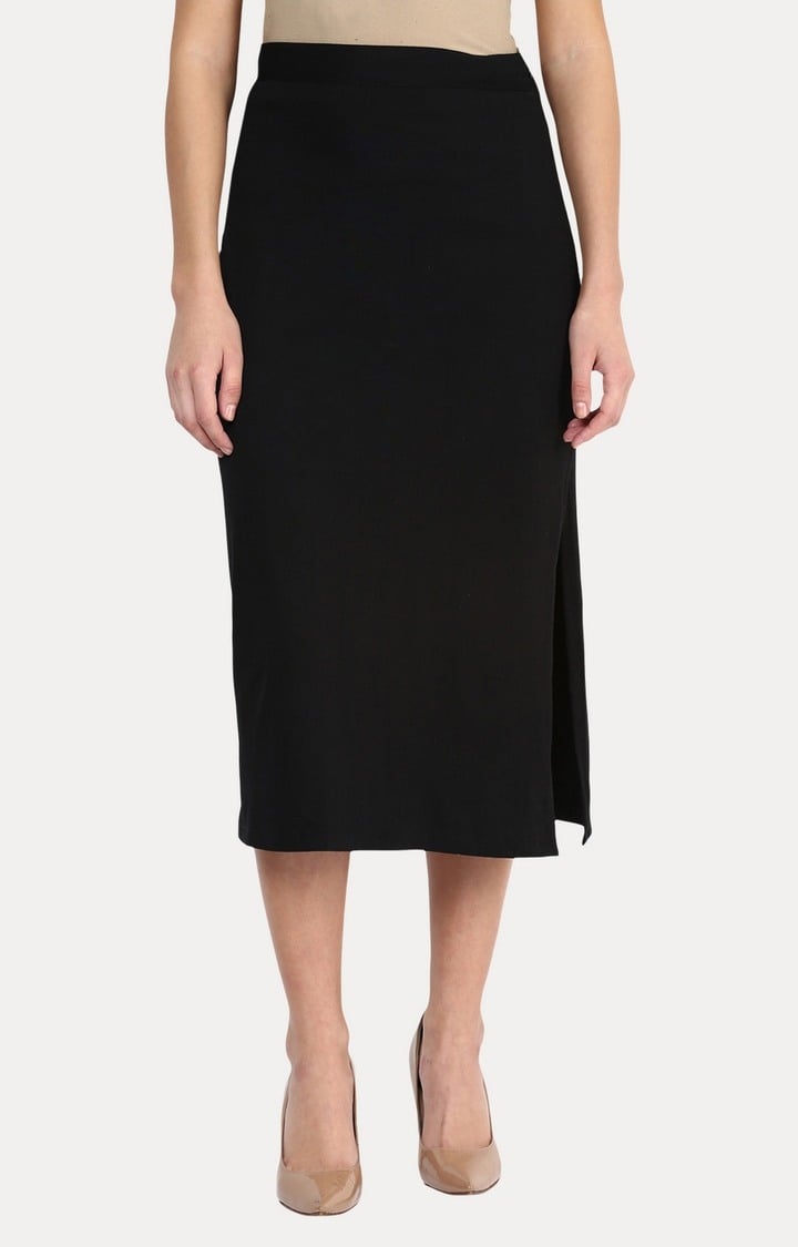 MISS CHASE | Women's Black Solid Straight Skirt