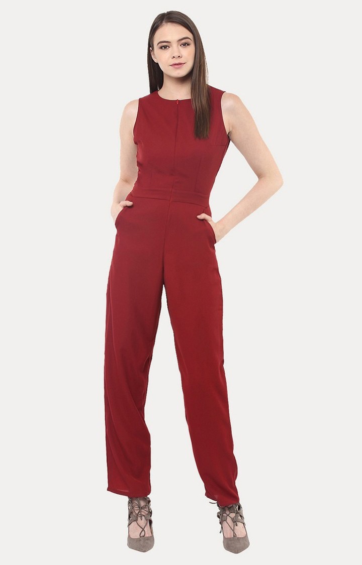 MISS CHASE | Women's Red Polyester SolidCasualwear Jumpsuits