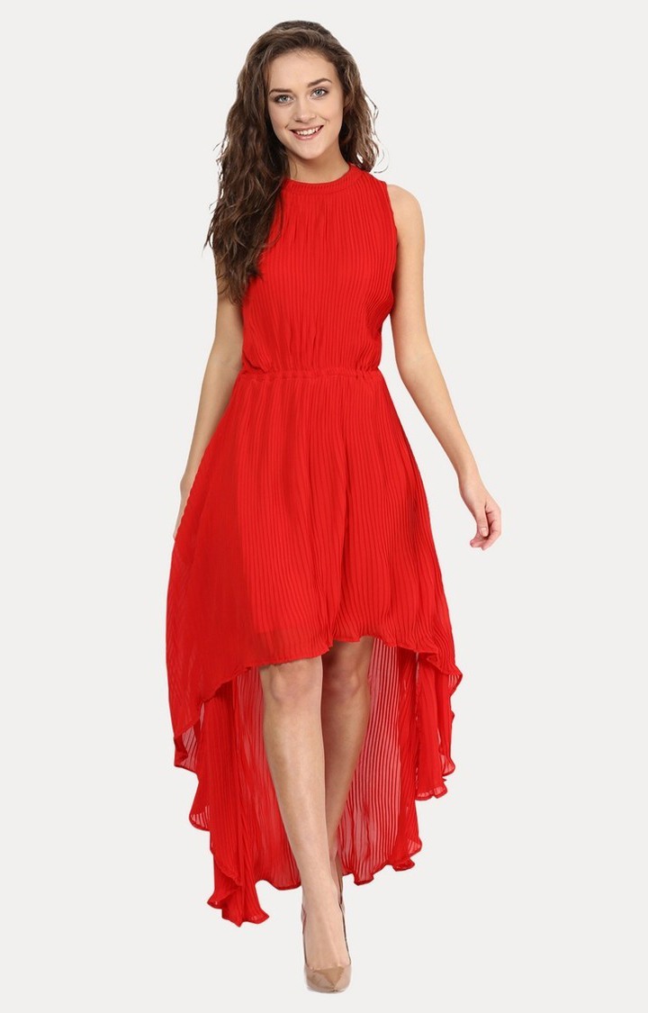 Women's Red Cotton SolidEveningwear Asymmetric Dress