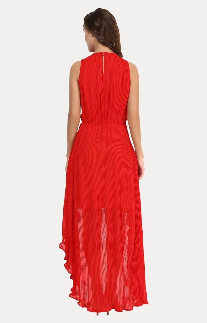 Women's Red Cotton SolidEveningwear Asymmetric Dress
