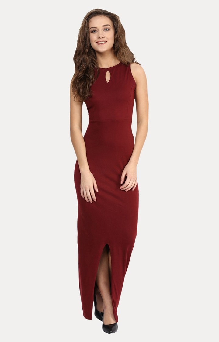 MISS CHASE | Women's Red Viscose SolidEveningwear Maxi Dress