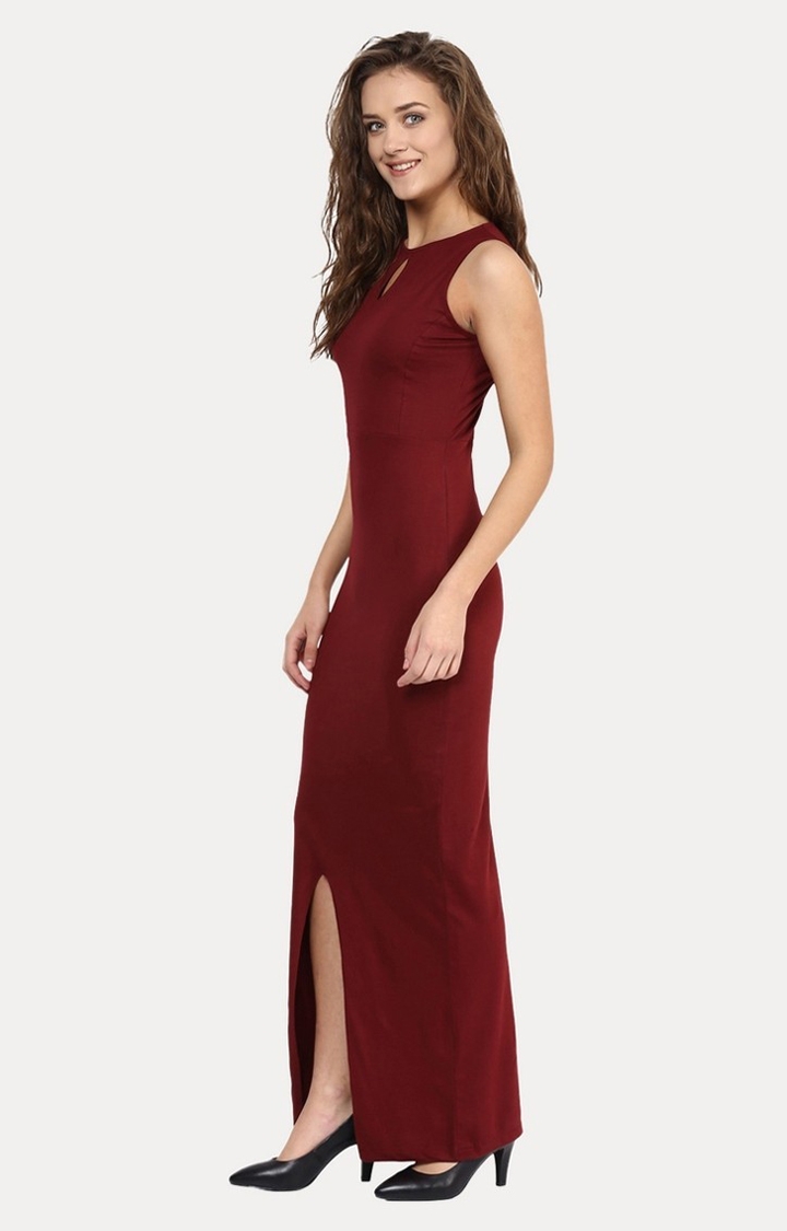 Women's Red Viscose SolidEveningwear Maxi Dress