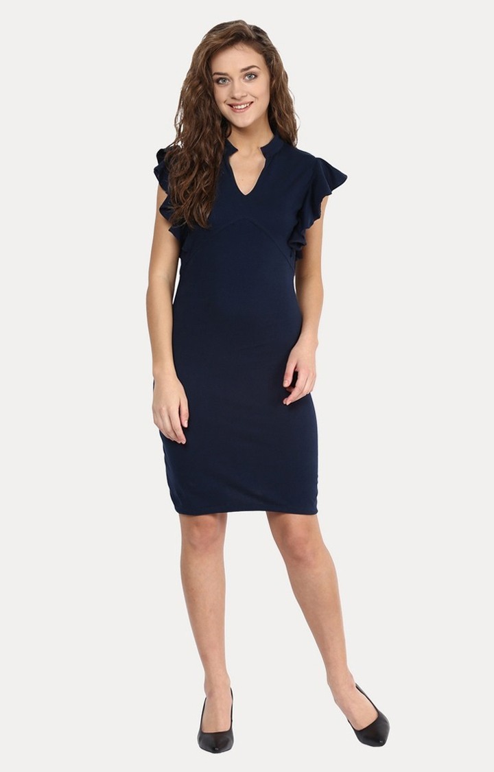 Women's Blue Viscose SolidEveningwear Sheath Dress