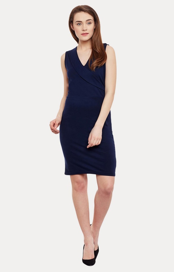 Women's Blue Viscose SolidEveningwear Sheath Dress