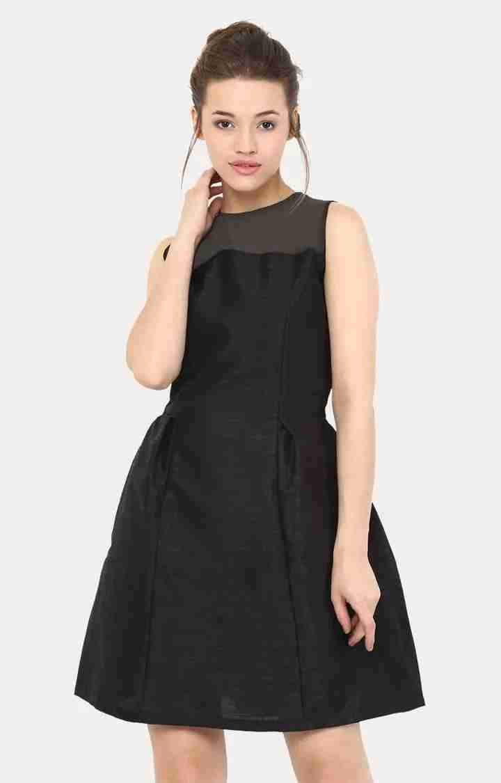 MISS CHASE | Women's Black Silk SolidEveningwear Skater Dress