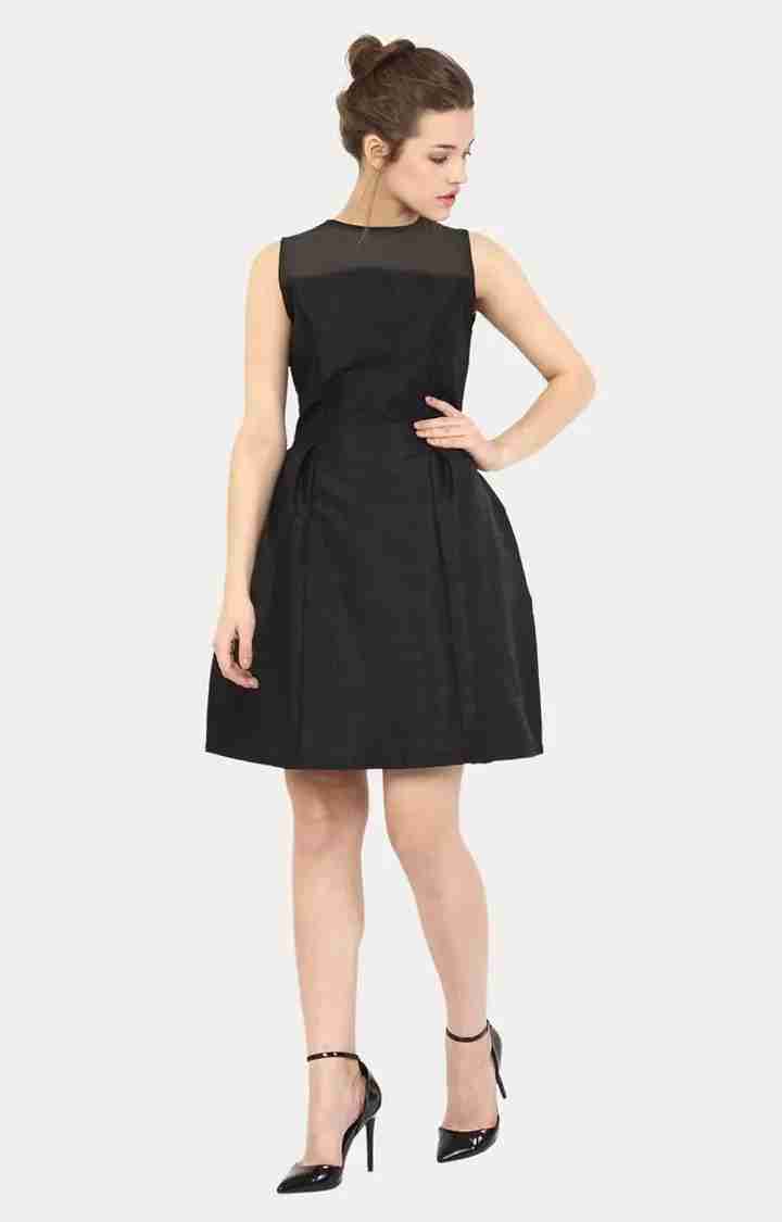 Women's Black Silk SolidEveningwear Skater Dress