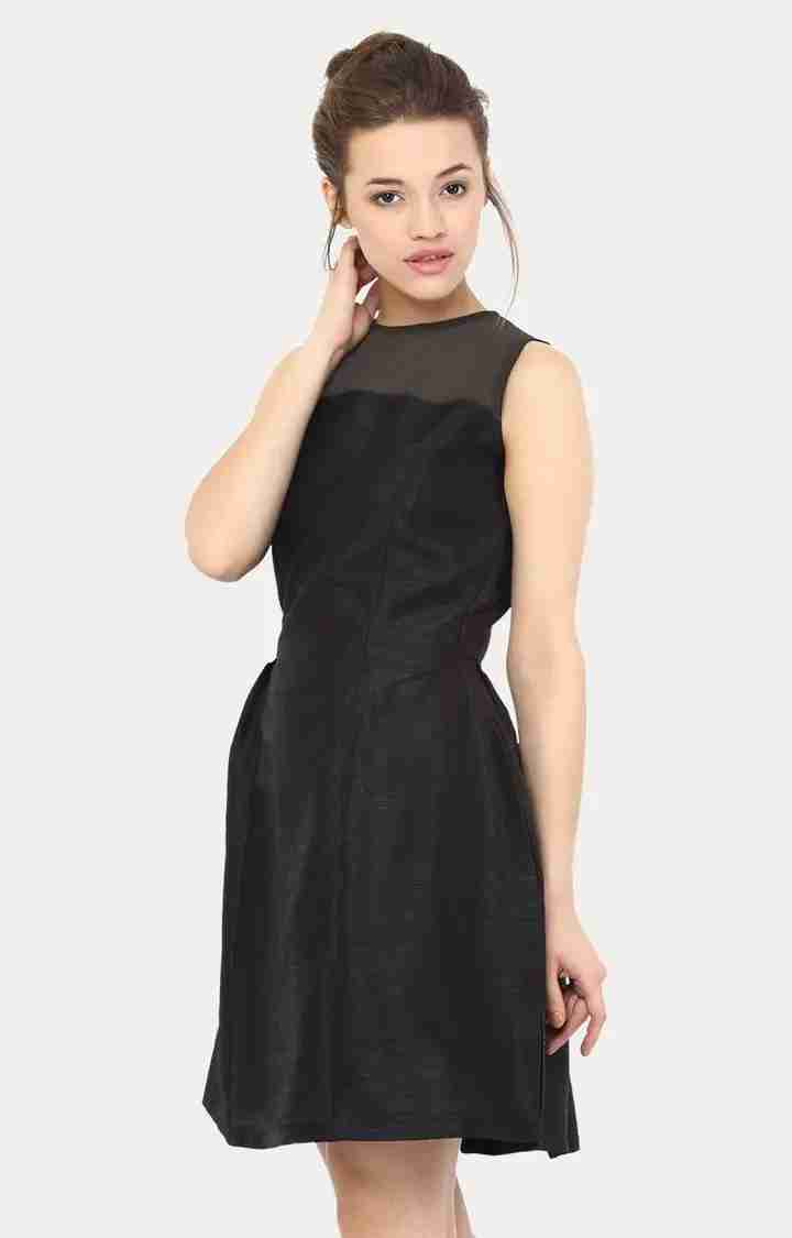 Women's Black Silk SolidEveningwear Skater Dress