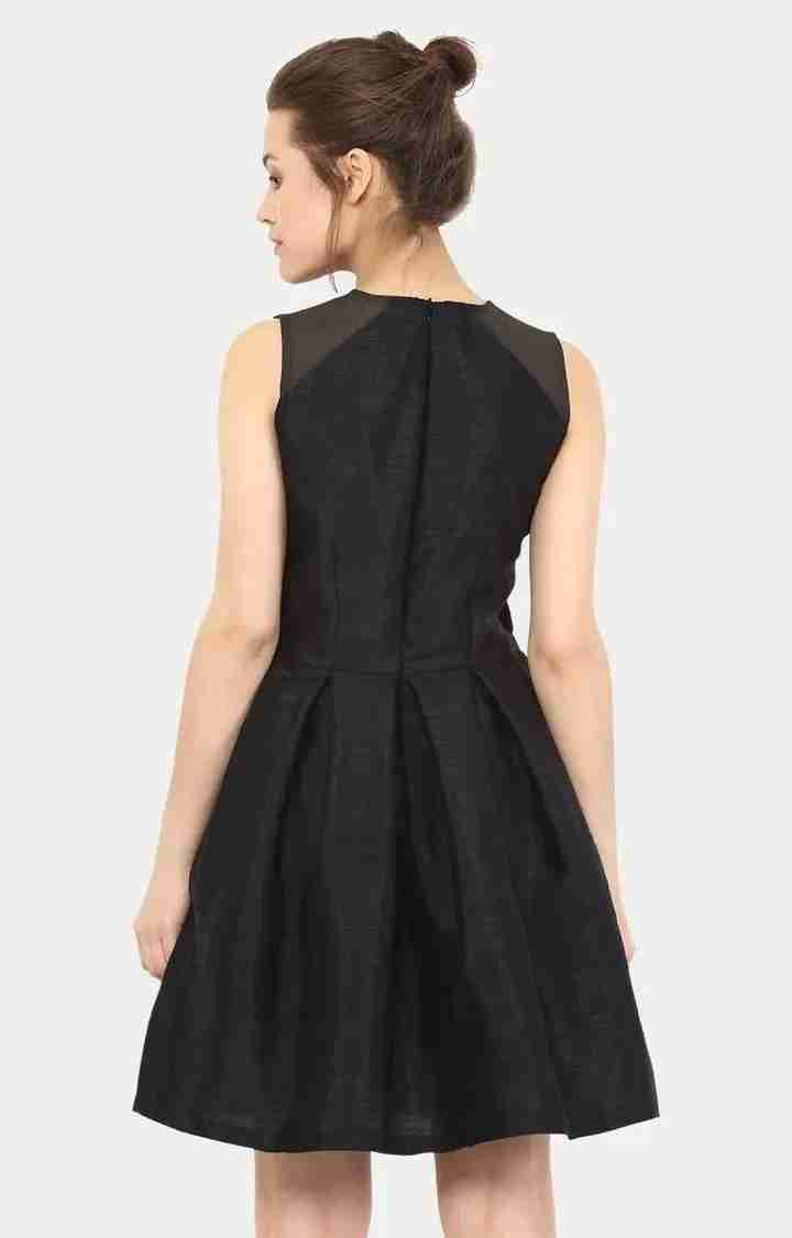 Women's Black Silk SolidEveningwear Skater Dress