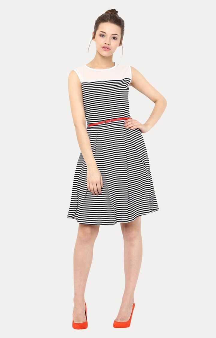 Women's White Viscose StripedCasualwear Skater Dress