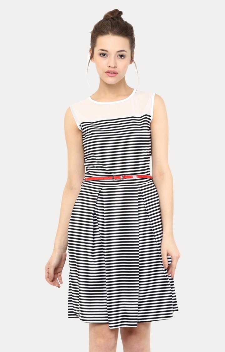 MISS CHASE | Women's White Viscose StripedCasualwear Skater Dress