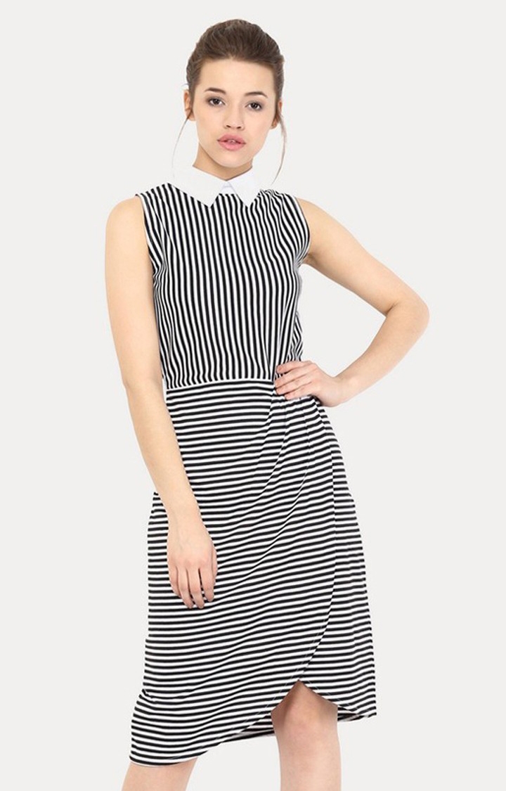Women's Grey Viscose StripedCasualwear Sheath Dress
