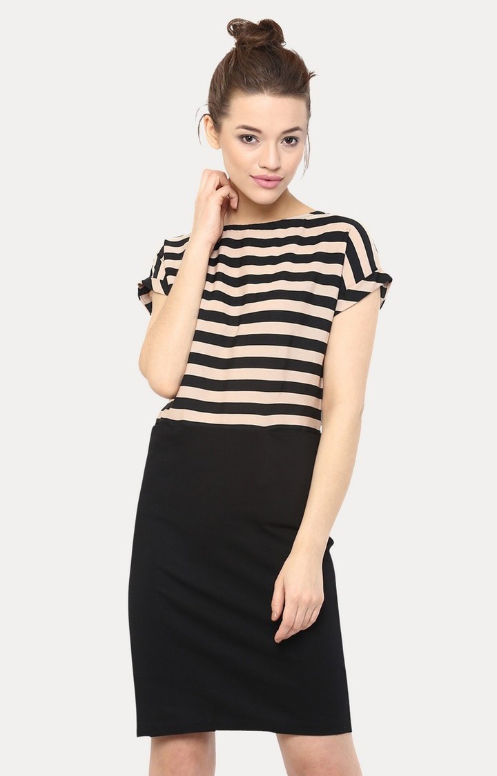 MISS CHASE | Women's Black Crepe StripedCasualwear Sheath Dress