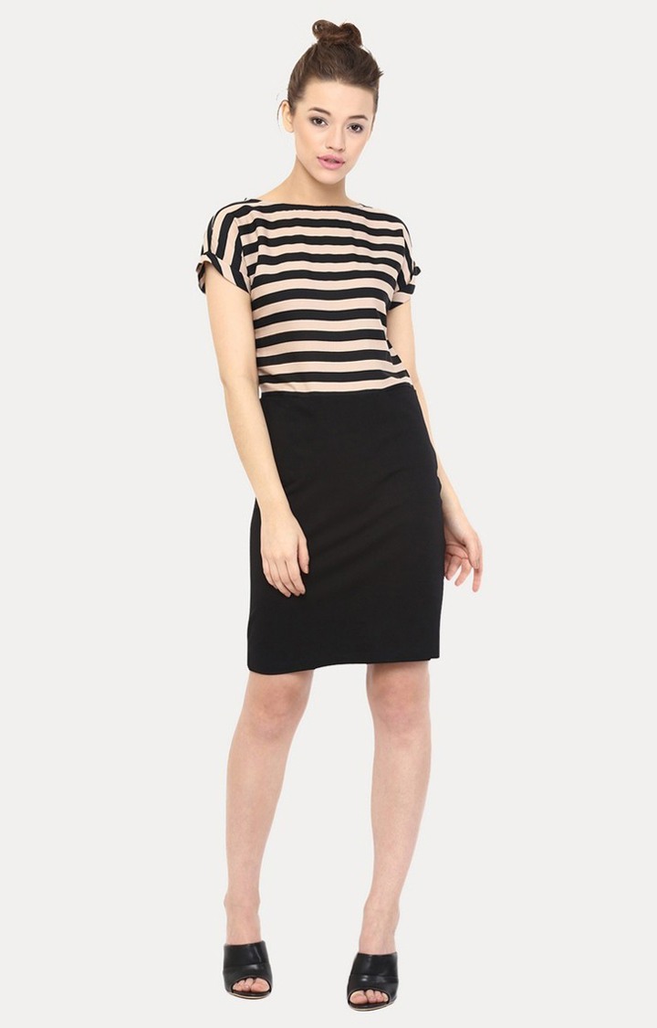 Women's Black Crepe StripedCasualwear Sheath Dress