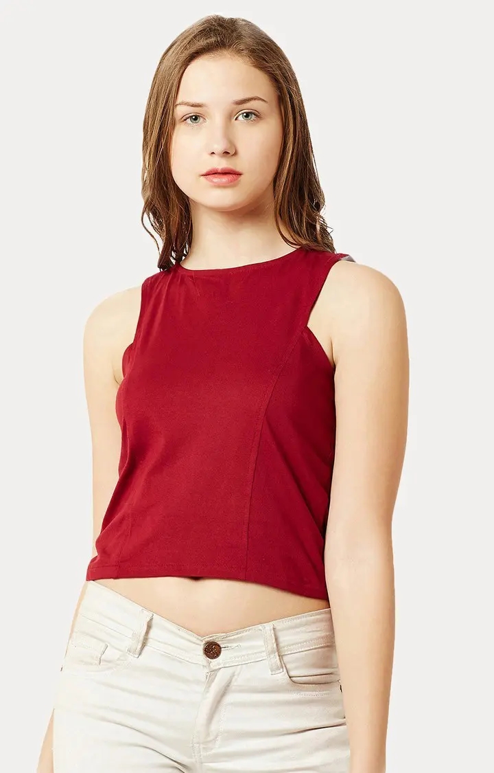 MISS CHASE | Women's Red Cotton SolidCasualwear Crop Top