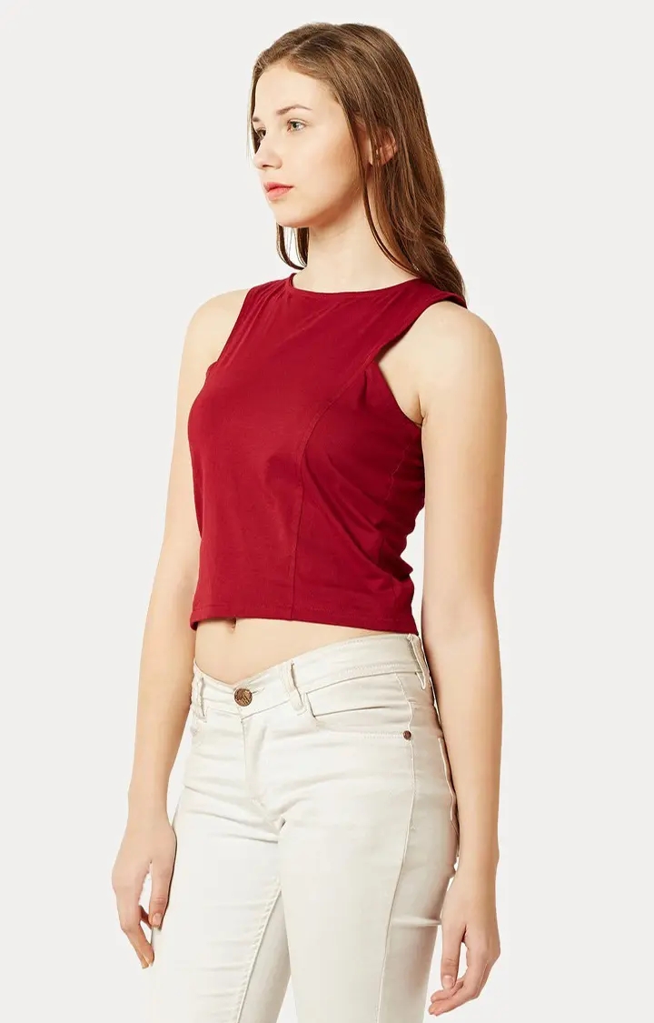 Women's Red Cotton SolidCasualwear Crop Top