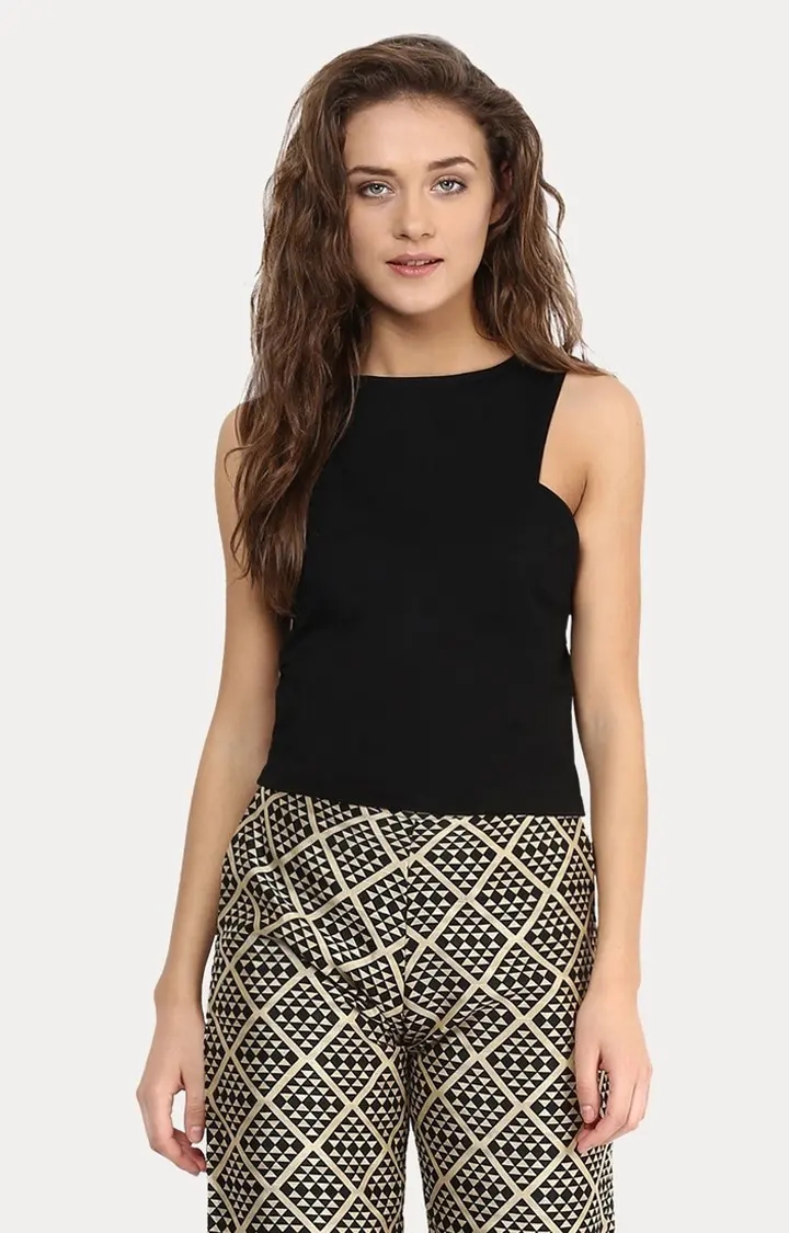 MISS CHASE | Women's Black Viscose SolidCasualwear Crop Top