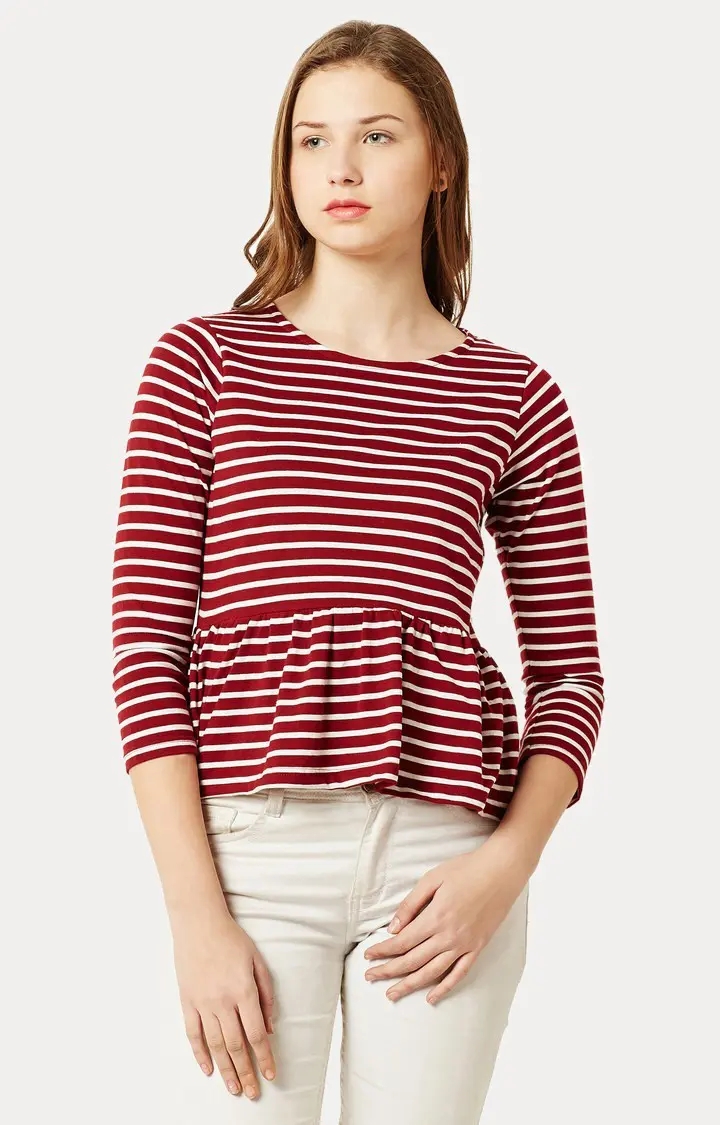 MISS CHASE | Women's Red Cotton StripedCasualwear Peplum Top