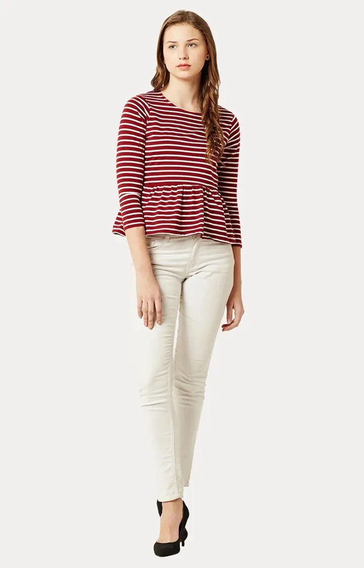 Women's Red Cotton StripedCasualwear Peplum Top