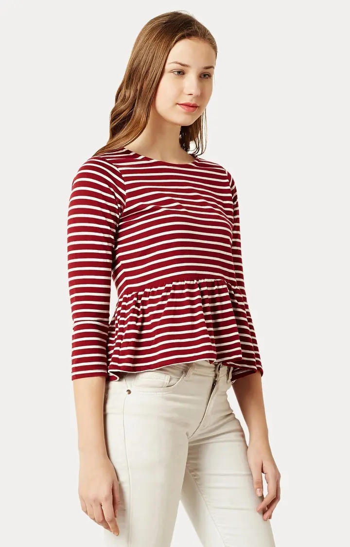 Women's Red Cotton StripedCasualwear Peplum Top