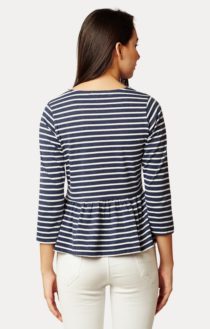 Women's Blue Cotton StripedCasualwear Peplum Top
