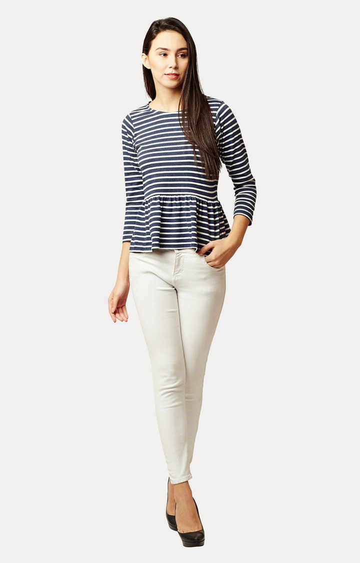 Women's Blue Cotton StripedCasualwear Peplum Top