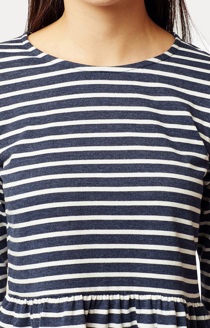 Women's Blue Cotton StripedCasualwear Peplum Top