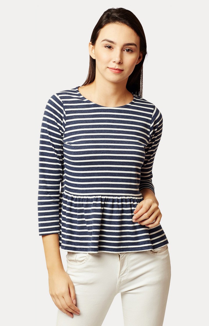 MISS CHASE | Women's Blue Cotton StripedCasualwear Peplum Top