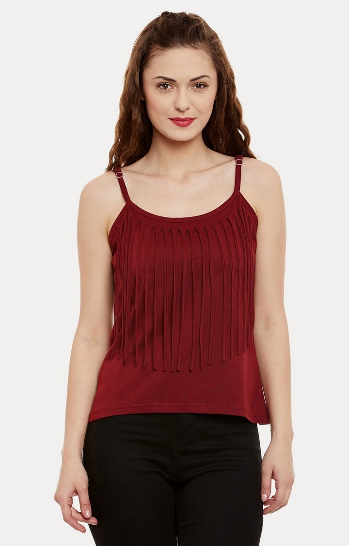 MISS CHASE | Women's Red Viscose SolidCasualwear Strappy Top