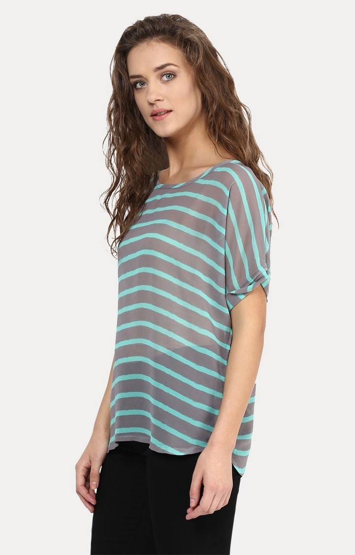 Women's Grey Cotton StripedCasualwear Tops