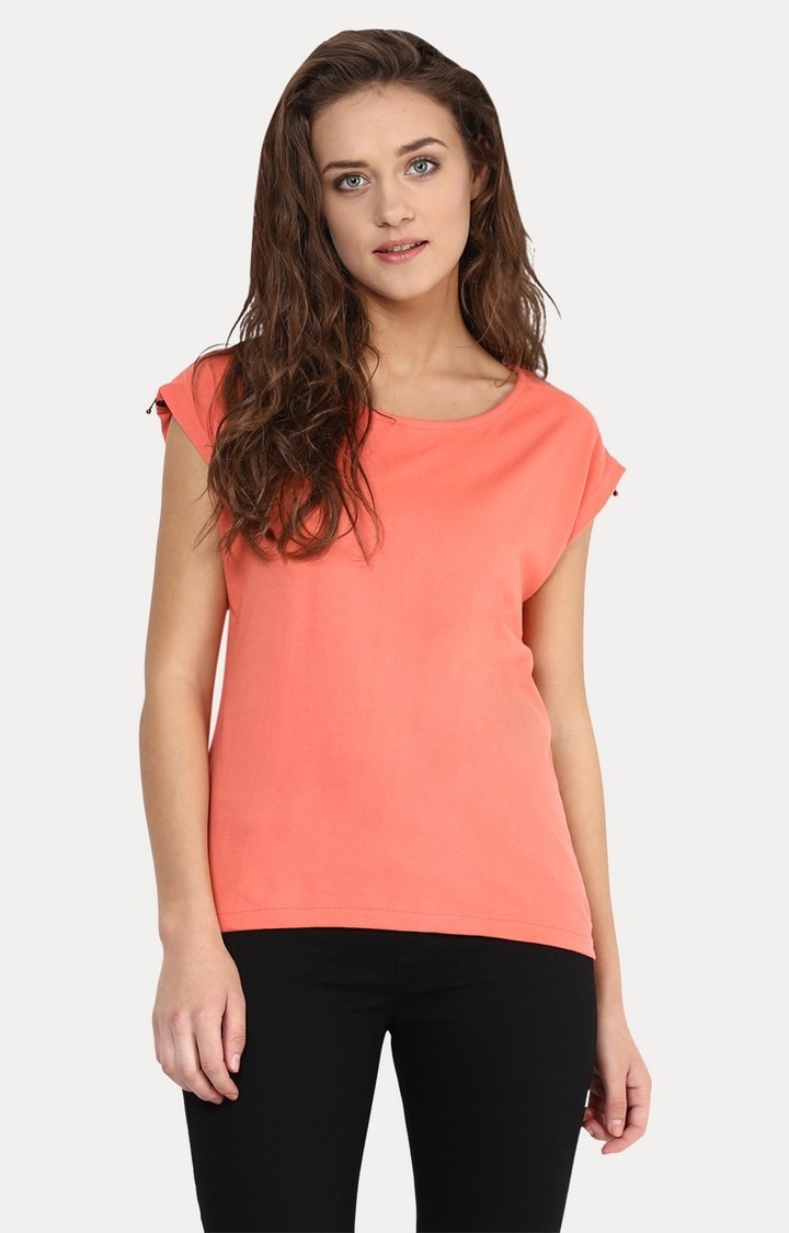 MISS CHASE | Women's Orange Viscose SolidCasualwear Regular T-Shirts