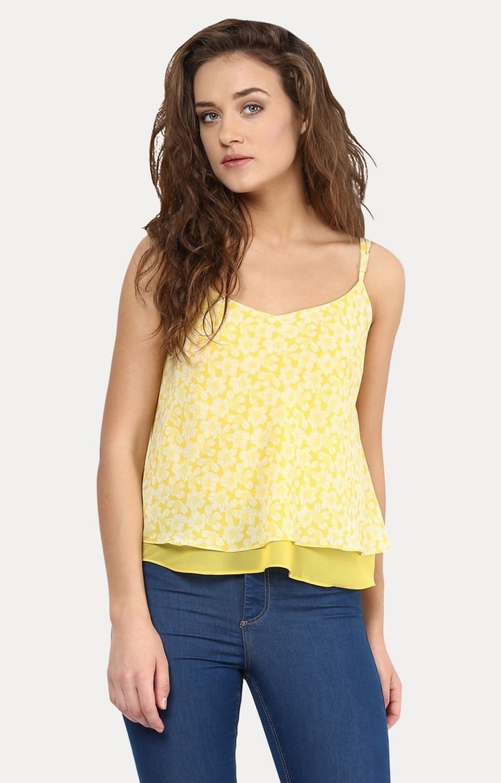 Women's Yellow Cotton PrintedCasualwear Strappy Top