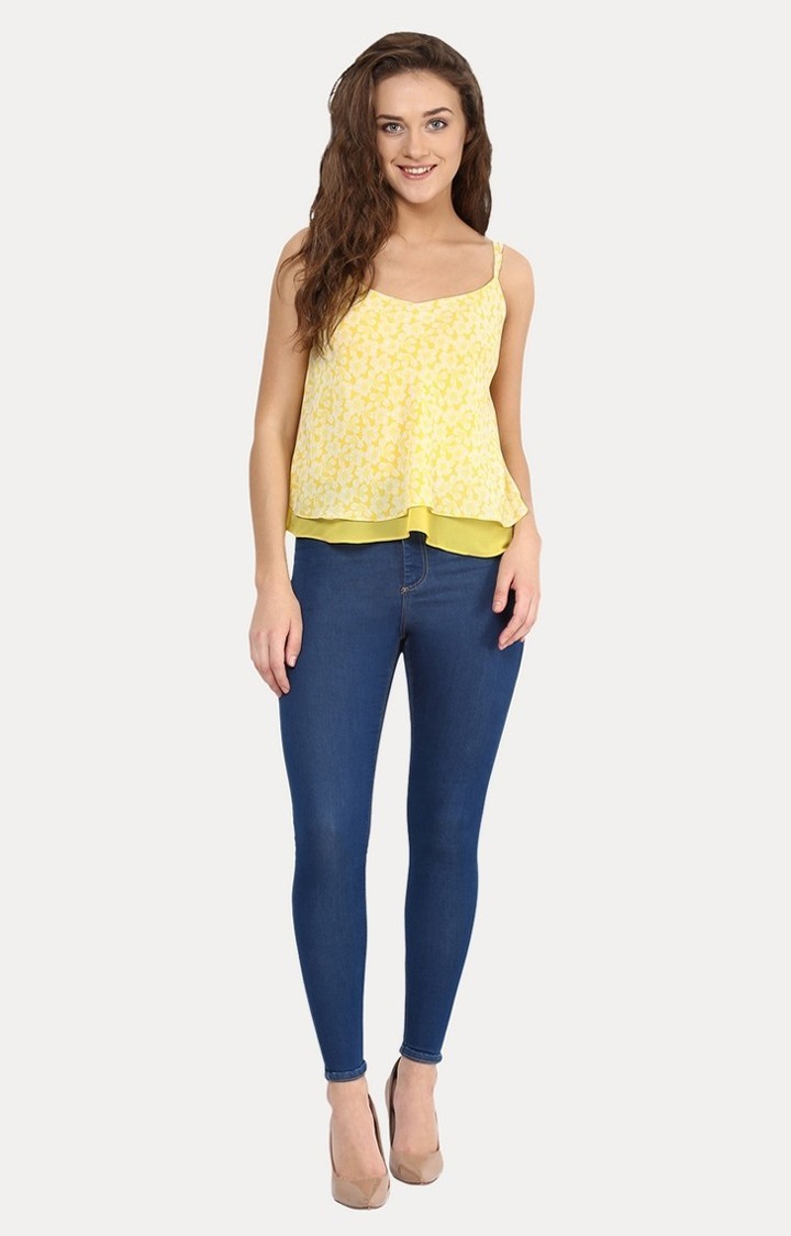 Women's Yellow Cotton PrintedCasualwear Strappy Top