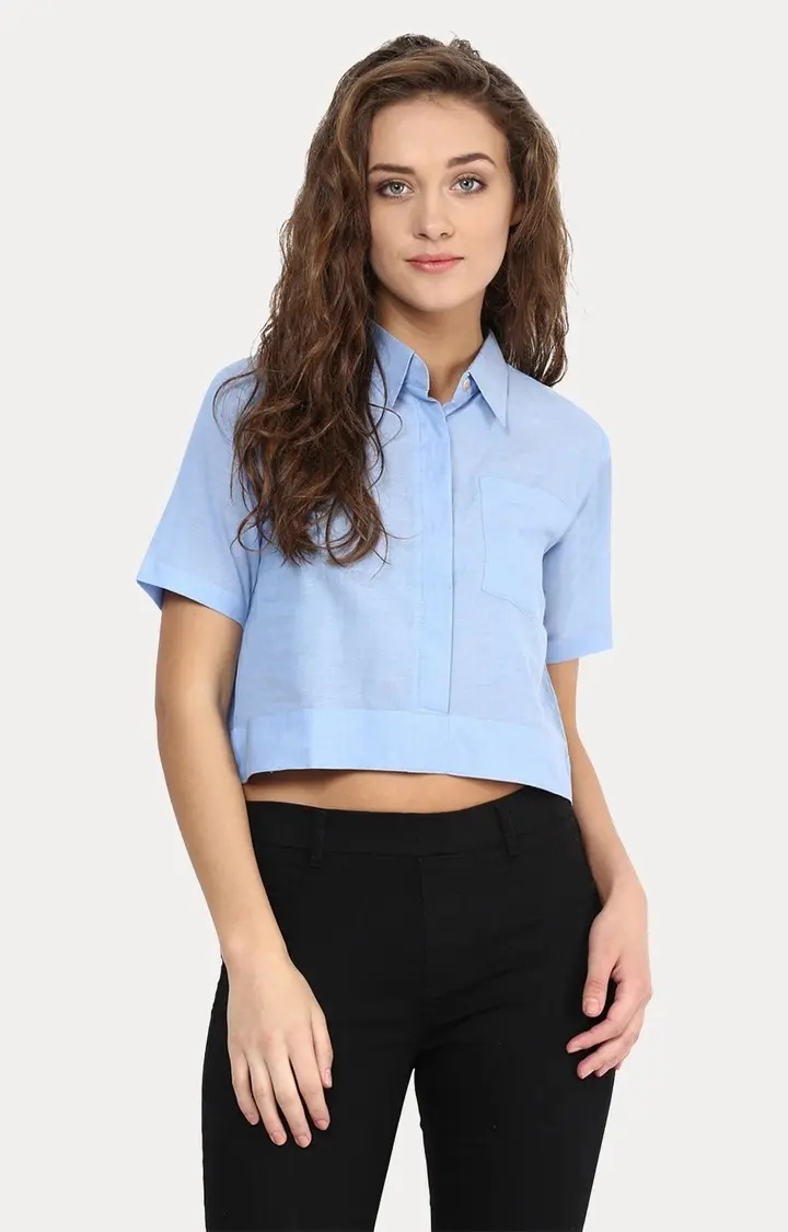 Women's Blue Cotton SolidCasualwear Crop Shirts