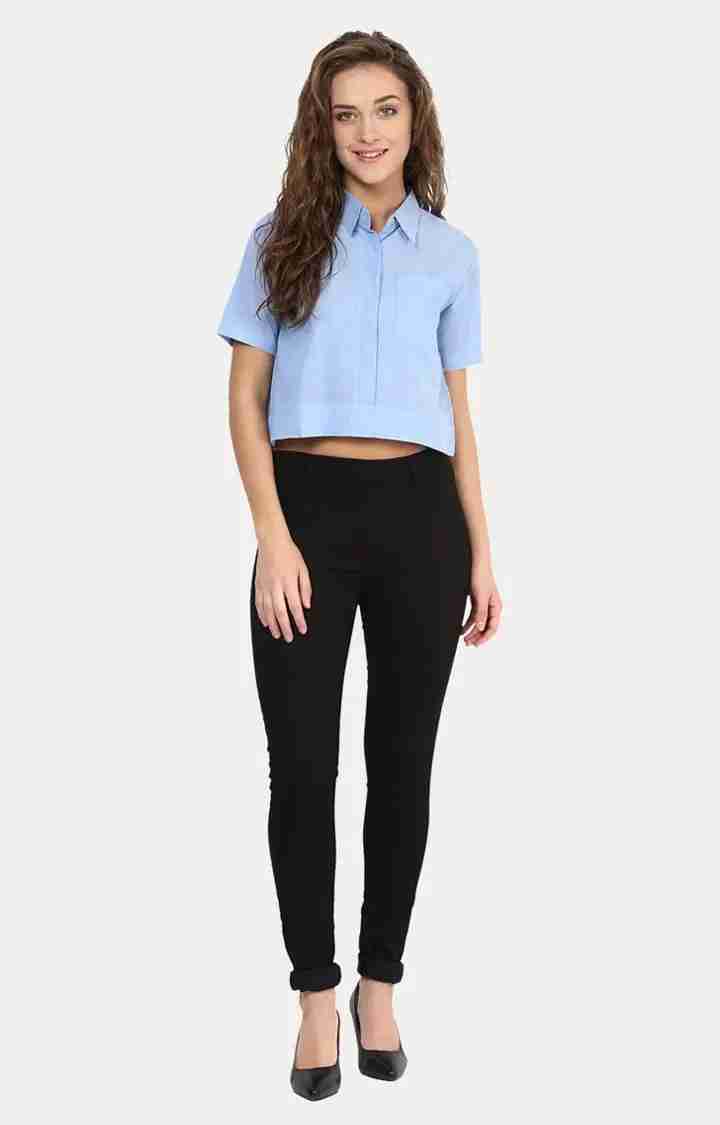 Women's Blue Cotton SolidCasualwear Crop Shirts