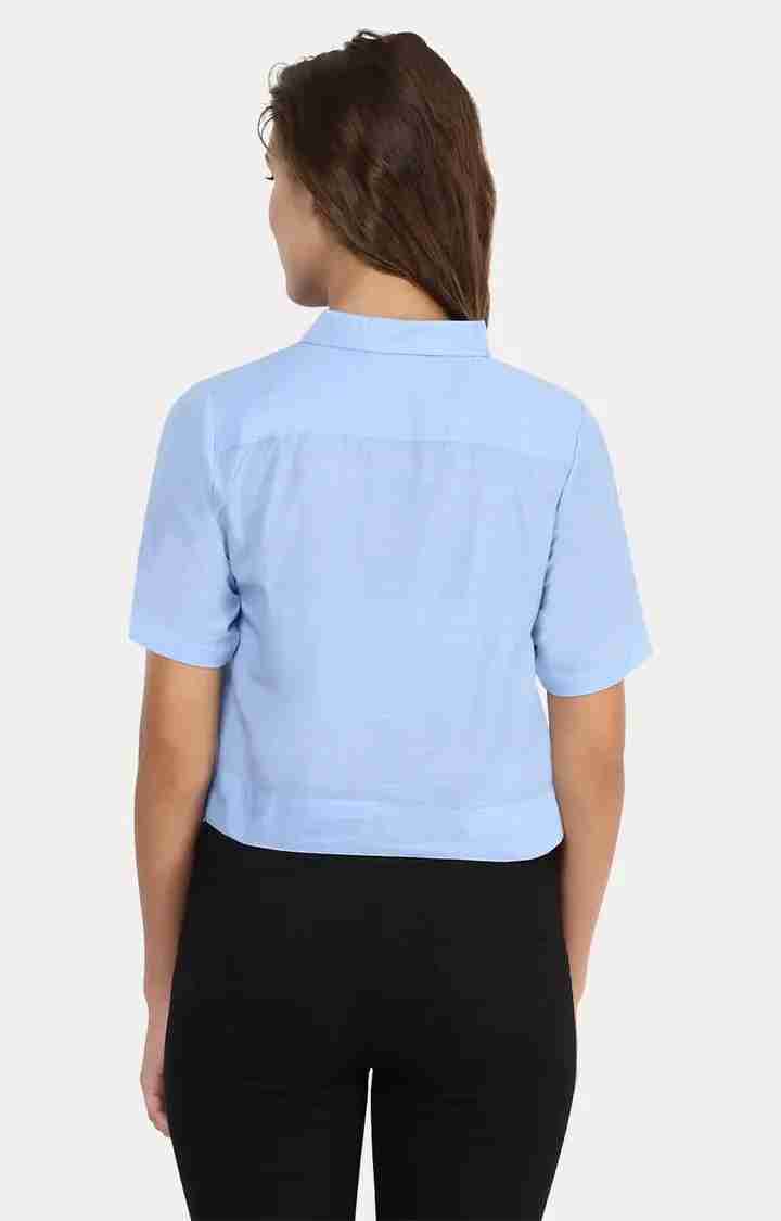 Women's Blue Cotton SolidCasualwear Crop Shirts