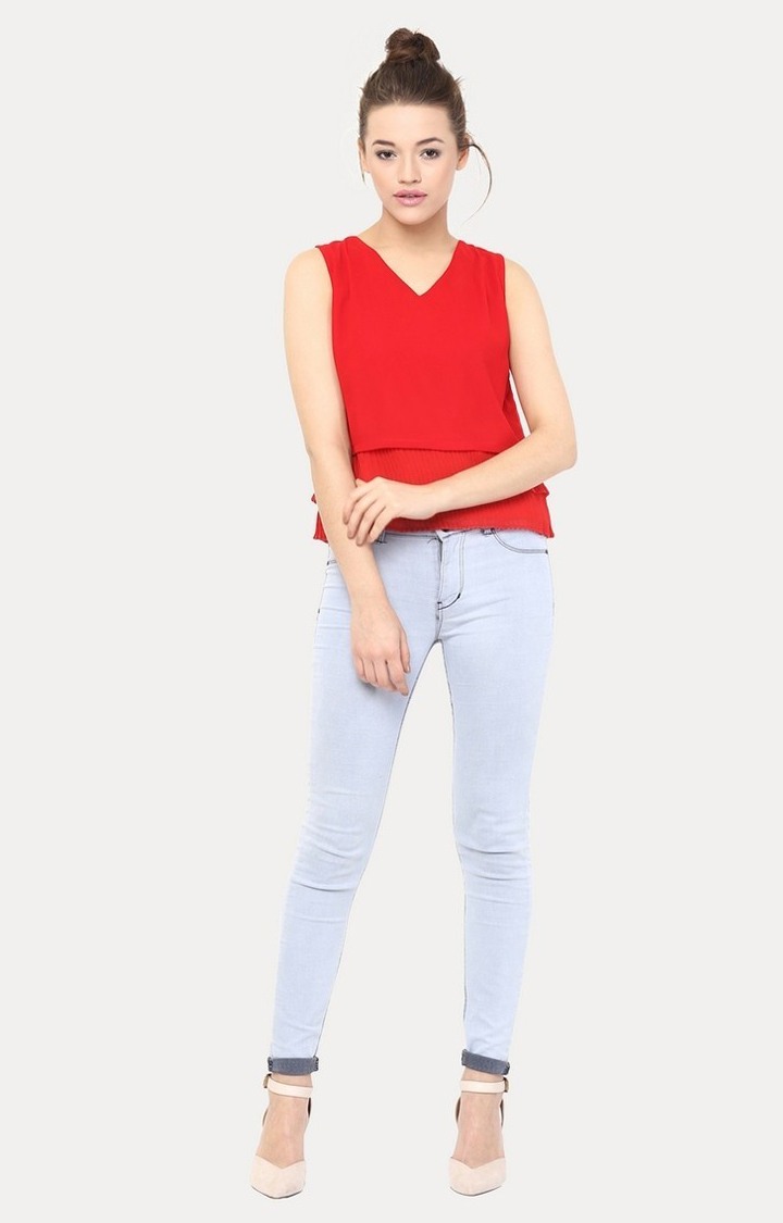 Women's Red Cotton SolidCasualwear Peplum Top