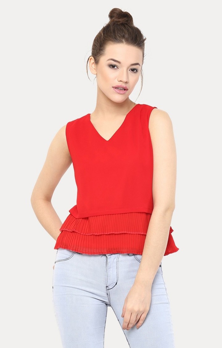MISS CHASE | Women's Red Cotton SolidCasualwear Peplum Top