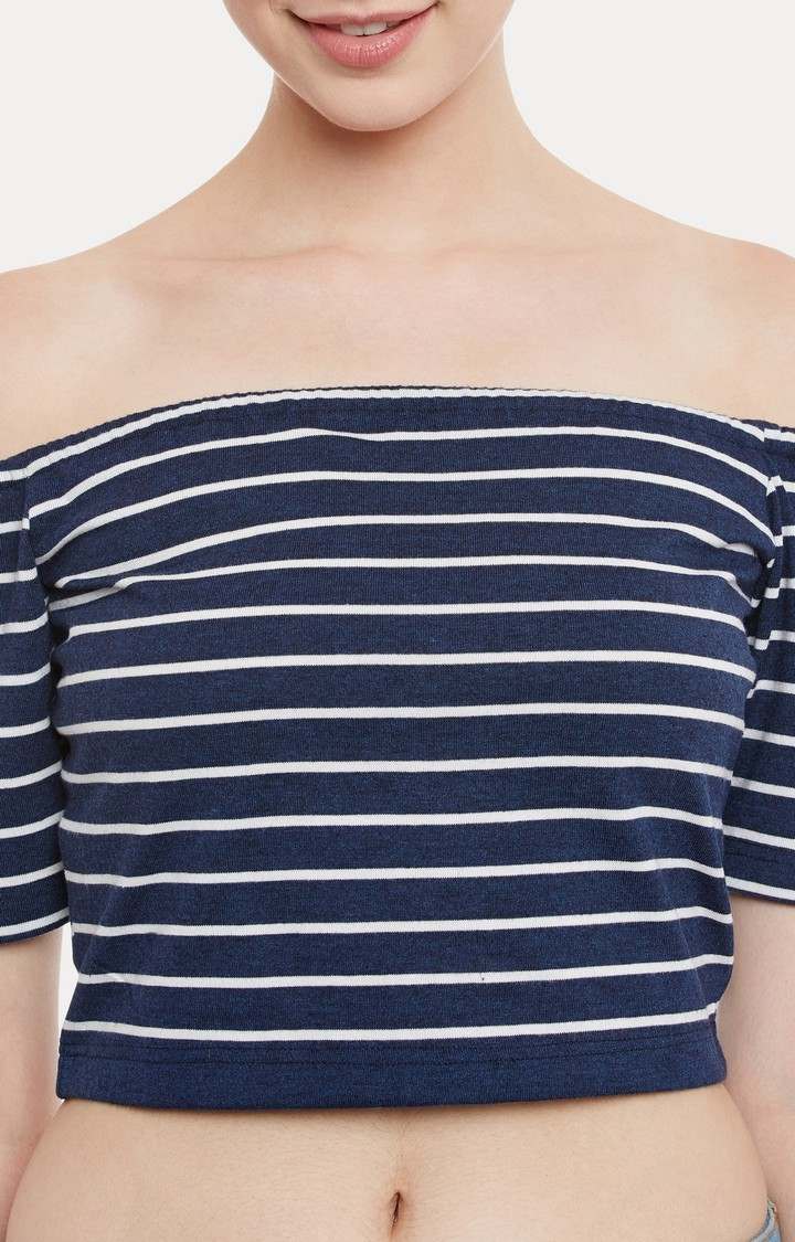 Women's Blue Cotton StripedCasualwear Crop T-Shirts