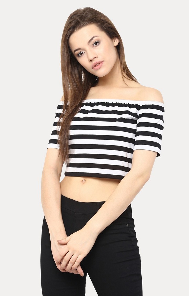 MISS CHASE | Women's Black Viscose StripedCasualwear Off Shoulder Top