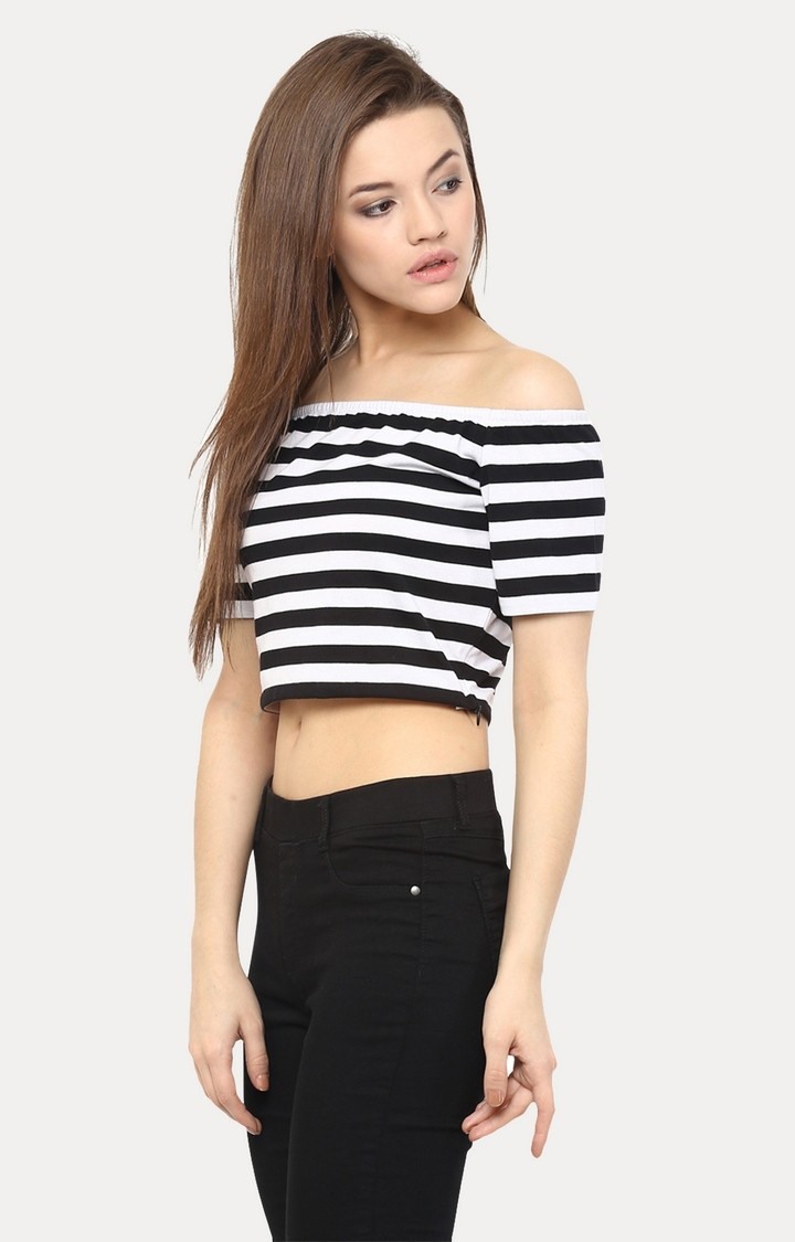 Women's Black Viscose StripedCasualwear Off Shoulder Top