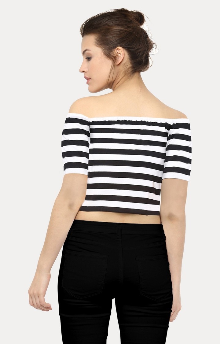 Women's Black Viscose StripedCasualwear Off Shoulder Top