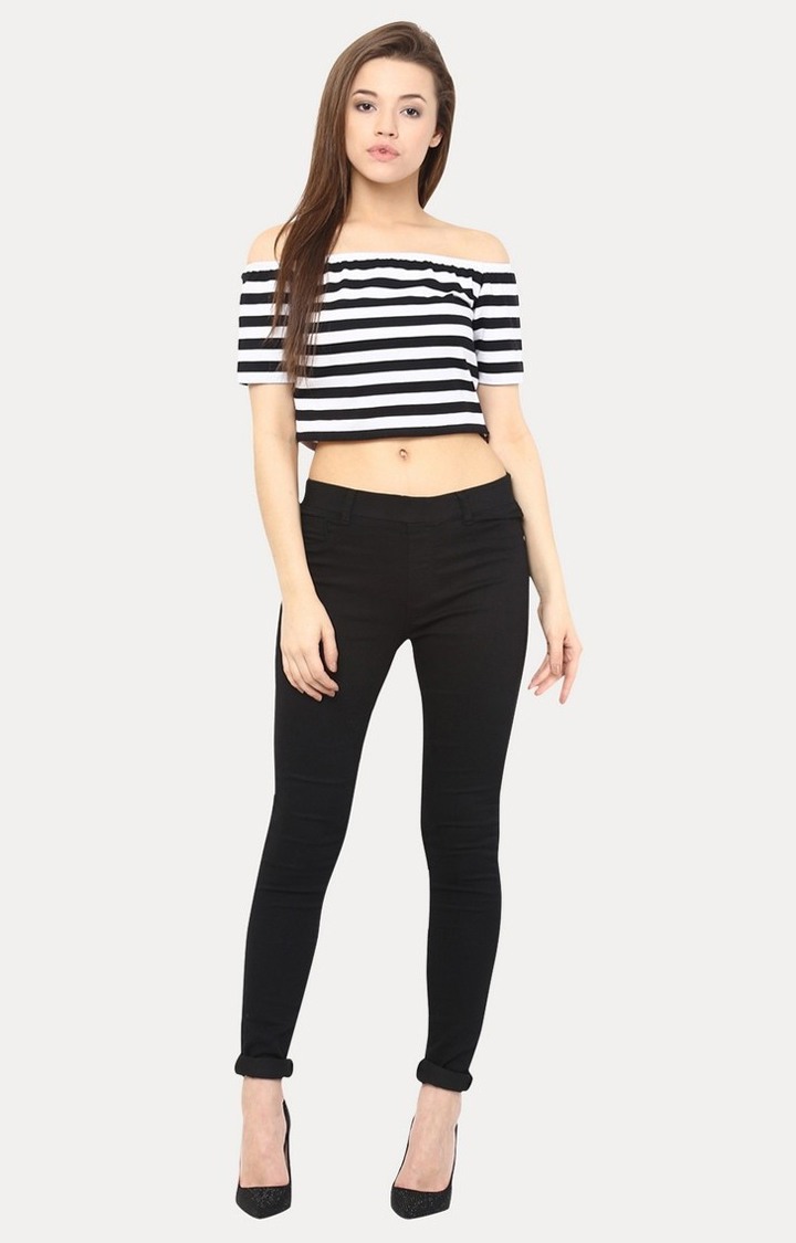 Women's Black Viscose StripedCasualwear Off Shoulder Top