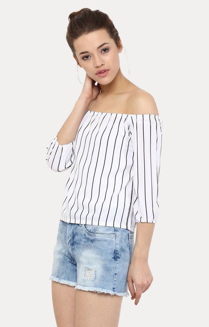 Women's White Crepe StripedCasualwear Off Shoulder Top