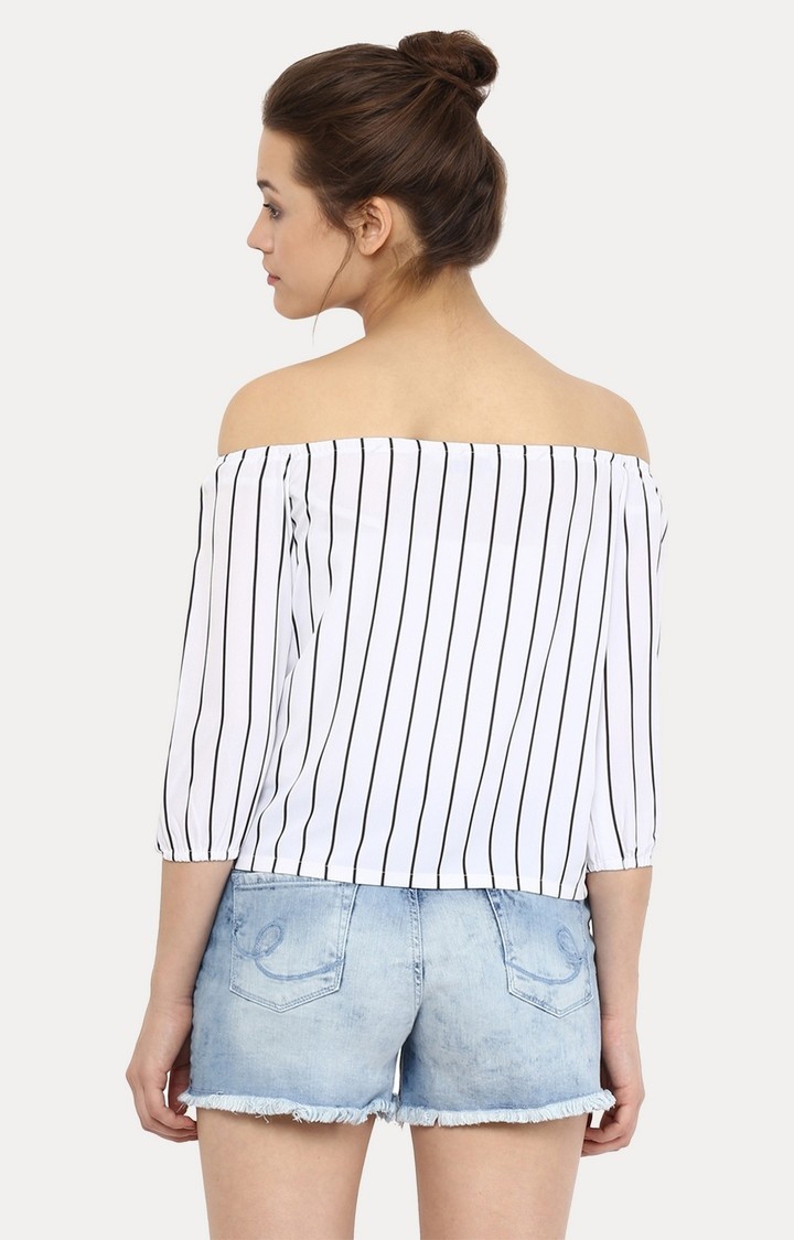 Women's White Crepe StripedCasualwear Off Shoulder Top