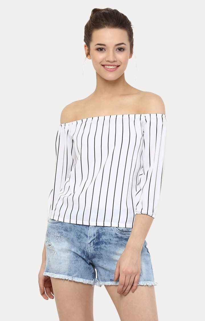 Women's White Striped Off Shoulder Top