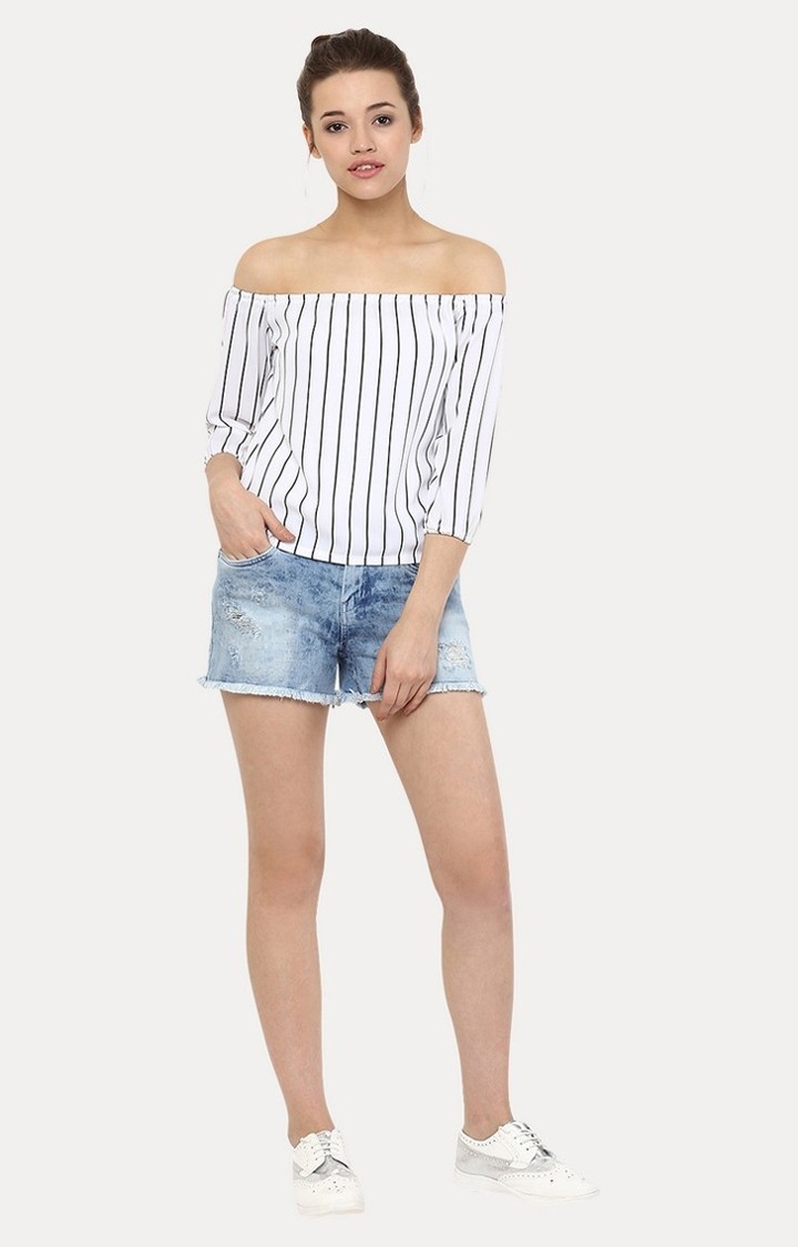 Women's White Crepe StripedCasualwear Off Shoulder Top