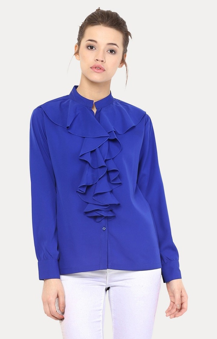MISS CHASE | Women's Blue Crepe SolidCasualwear Casual Shirts
