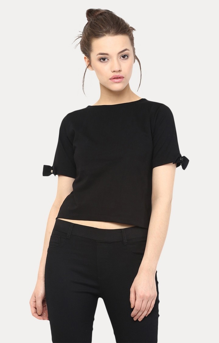 Women's Black Viscose SolidCasualwear Crop T-Shirts