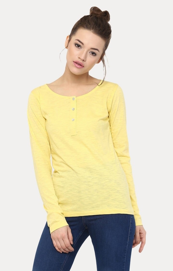 MISS CHASE | Women's Yellow Viscose MelangeCasualwear Regular T-Shirts